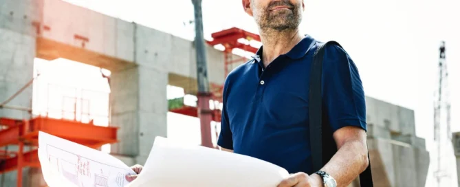 Man Construction Worker Holding Blueprints Looking In The Distance At A Construction Site.