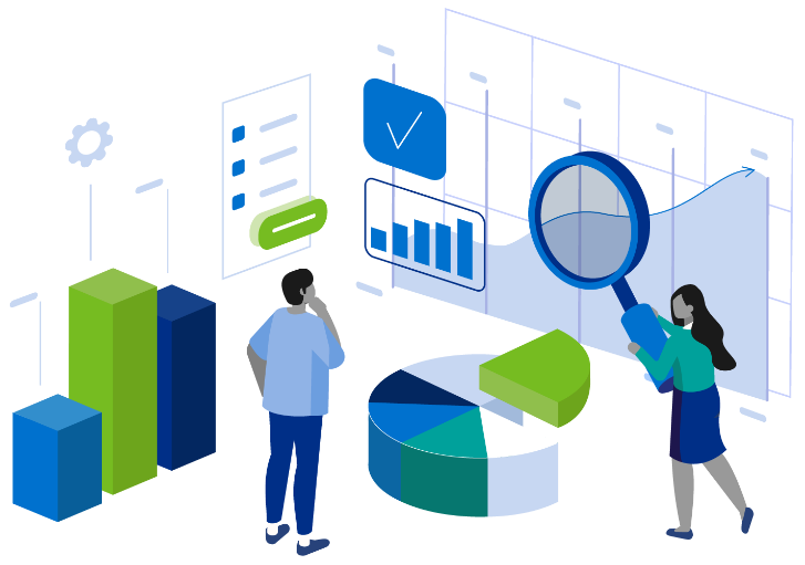 graphic figures of women holding huge magnifying glass by a man examining charts and graphs.