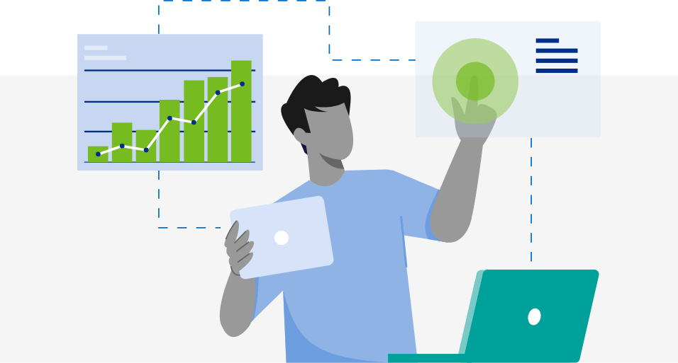 graphic of man holding tablets and looking at graphs with computer open on his desk.