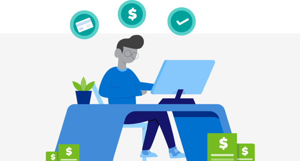 graphic of man working on a computer at a desk around money signs.