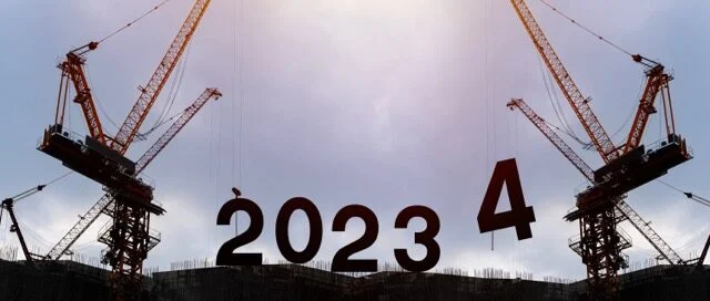 Silhouette Of Construction Worker With Crane And Cloudy Sky For Preparation Of Welcome 2024 New Year Party And Change New Business.