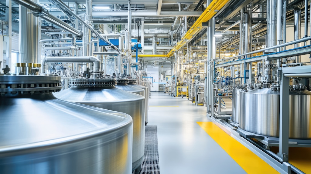 Chemical Factory. Interior Of A High Tech Plant With Tanks And Pipes. Pharmaceutical Or Medical Laboratory