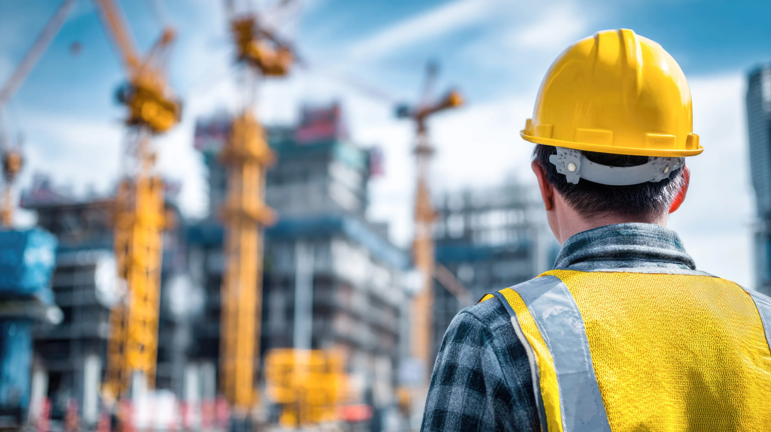 Male Construction Worker Overseeing Busy Urban Construction Site Male Construction Worker Overseeing Busy Urban Construction Site