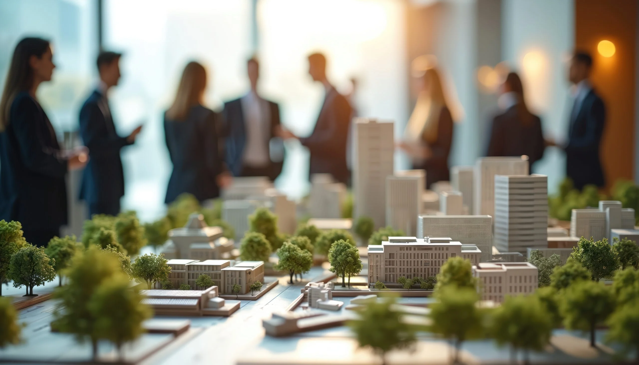 Urban Architecture Model At Real Estate Event. Professionals Discuss Development, Investment, Construction Design. City Landscape Display Includes Landscaping, Community Planning, Collaboration, Urban Architecture Model At Real Estate Event. Professionals Discuss Development, Investment, Construction Design. City Landscape Display Includes Landscaping, Community Planning, Collaboration,